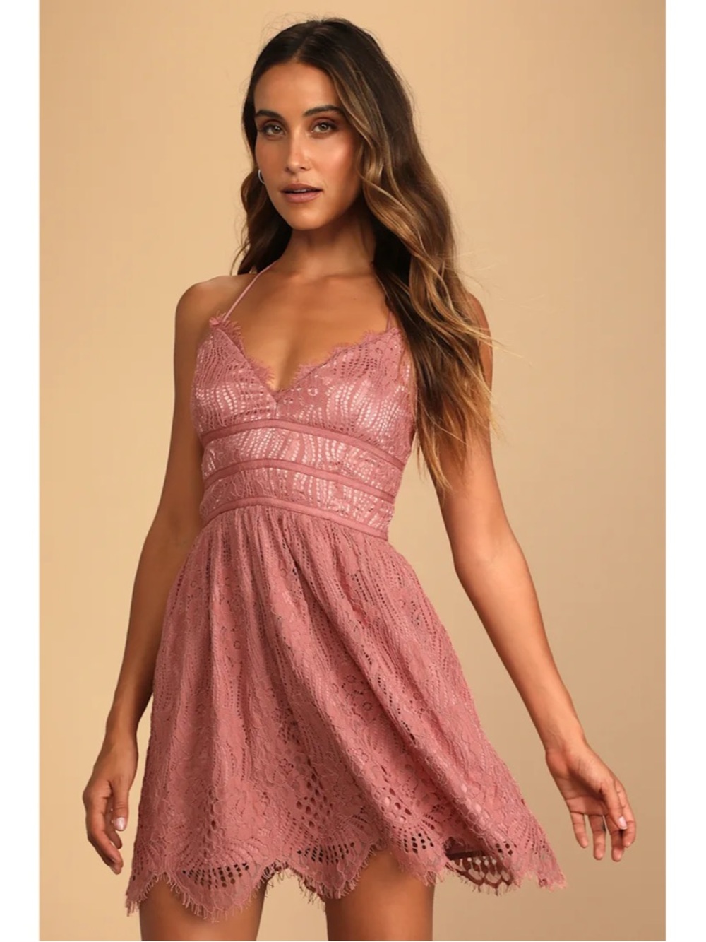NWT Lulu’s Keep You Captivated Dusty Pink Rose Lace Lace-Up Skater Mini Dress